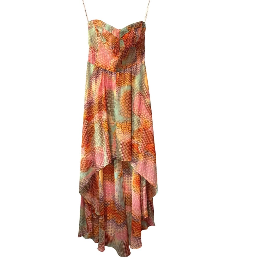 Guess Los Angeles Strapless High-Low Maxi Dress Orange Pink Honeycomb Print Sz 8